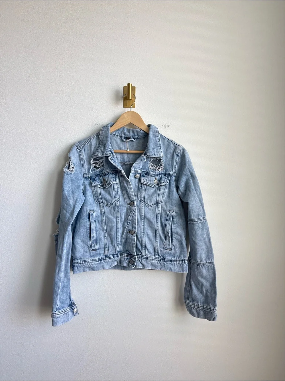 Free People Rumors Distressed Denim Jacket Light Wash Medium